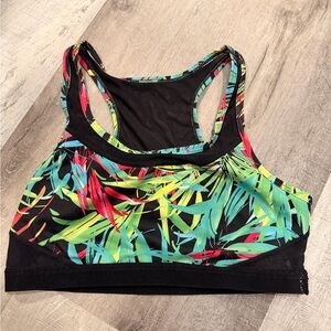 Fabletics Black and Colorful Leaf Print Sports Bra